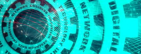 Technology relative words on the mechanism of gears. Concept in industrial design. 3D renderingの写真素材