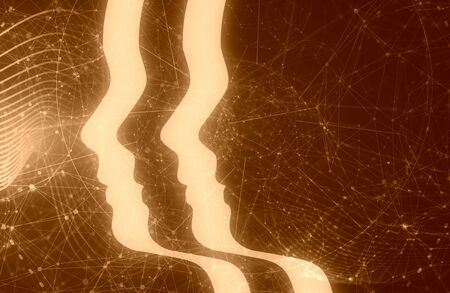 Silhouettes of the head of men. Mental health relative brochure or report design template. Scientific medical designs. Teamwork and communication concept. Connected lines with dots.の写真素材