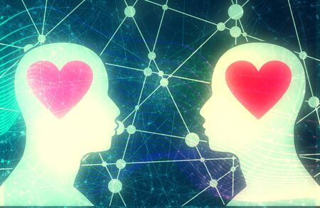 Men silhouettes looking at each other. Grunge brush stroke. Couple relationships. Side view.の写真素材