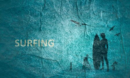 Woman posing with surfboard. Palm and lifeguard tower on backdrop. Air plane and birds in the sky. Web project templateの写真素材