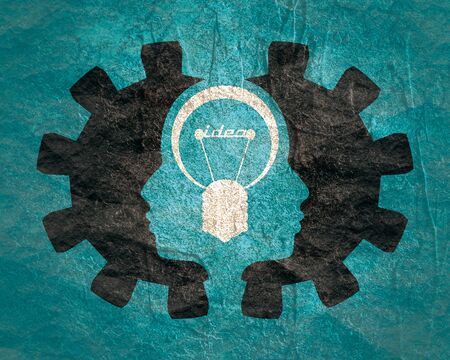 Lamp and heads of the two person. Lamp head businessman. Illustration of brainwork, idea appearance. Switch on bulb icon with idea text.の写真素材