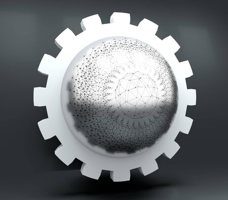 Radial connected dots. Sphere and gear. 3D rendering.