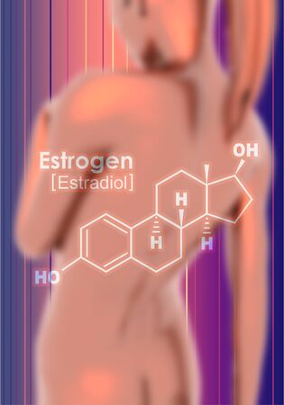 Chemical molecular formula hormone estrogen. Infographics illustration. Woman body. 3D renderingの写真素材