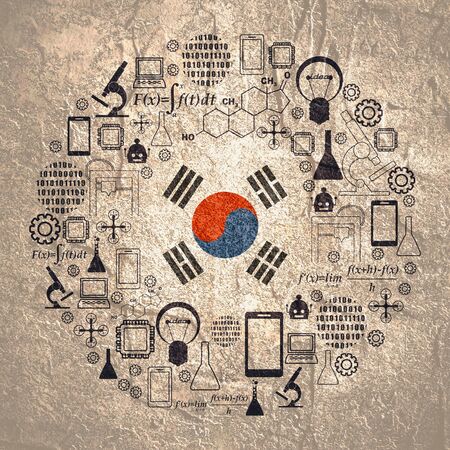 Innovation and technology concept. Circle frame with thin line icons. Flag of the South Koreaの写真素材