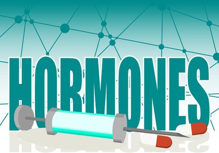 Hormones word with syringe and pills. Connected lines with dots background. Medical research concept.のイラスト素材