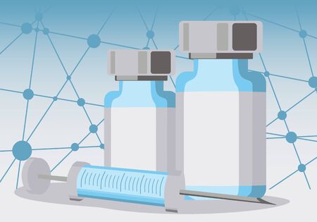 Medicine vials and syringe. Connected lines with dots background. Medical concept.のイラスト素材