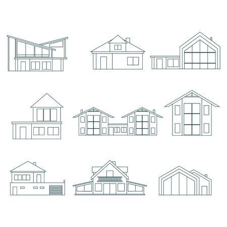Illustration of home outline icons. House silhouettes in thin line style. Real estate business and game application design illustrationのイラスト素材