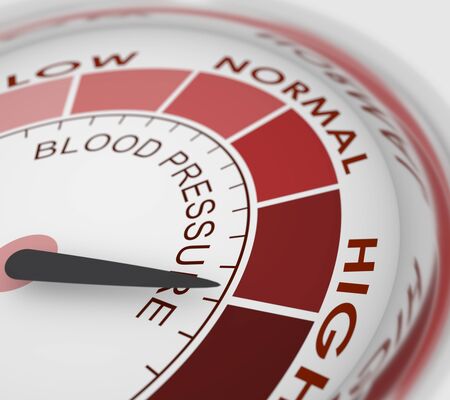 High blood pressure concept. Color scale with arrow. The measuring device icon. Infographic gauge element. 3D renderingの写真素材