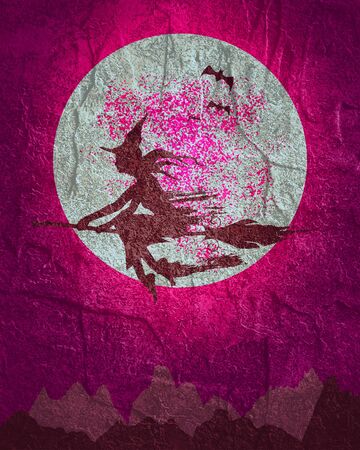 Mountains silhouette. Halloween illustration. Outdoor icon of the mountain tops. Flying witch silhouette.の写真素材