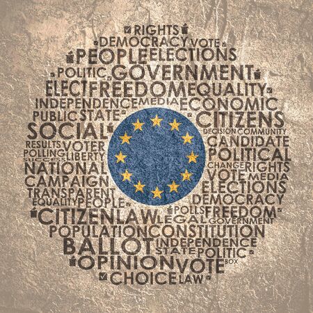 Words cloud relative for voting. Circle frame. Flag of the European Unionの写真素材