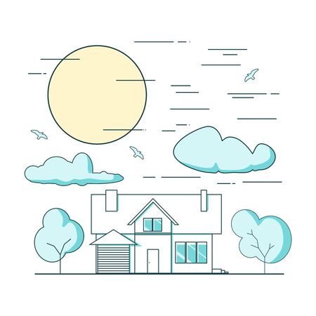 Thin line style suburban house. For web design and application interface. Real estate business illustrationのイラスト素材
