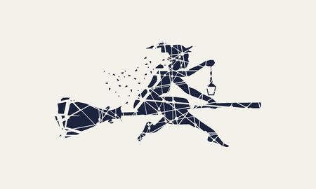Illustration of flying young witch icon composed of particles. Witch silhouette on a broomstick. Lamp in hand. Halloween relative image.のイラスト素材