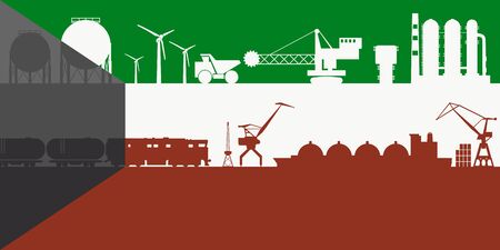 Energy and power icons set on Kuwait flag backdrop. Header or footer banner. Sustainable energy generation, transportation and heavy industry.のイラスト素材
