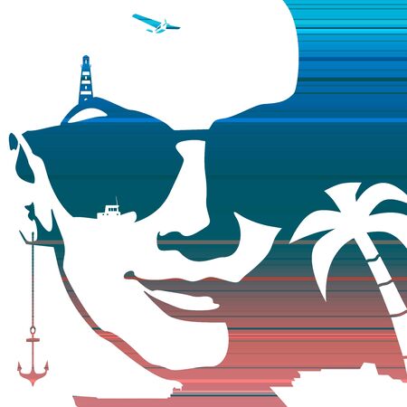 Summer vacation relative collage. Portrait of beautiful woman in sunglasses. Front view. Palm, ship, anchor and lighthouse icons. Gradient paint horizontal linesのイラスト素材