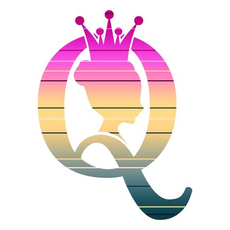 Vintage queen silhouette. Medieval queen profile. Elegant silhouette of a female head. Bun hairstyle. Royal emblem with Q letter. Gradient paint horizontal linesのイラスト素材