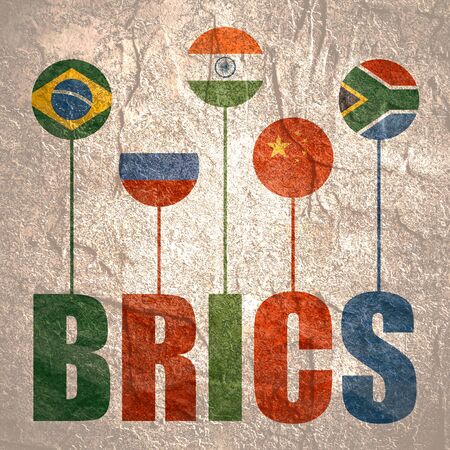 BRICS - association of five major emerging national economies members. Trade union. Brochure or web banner design. National flagsの写真素材