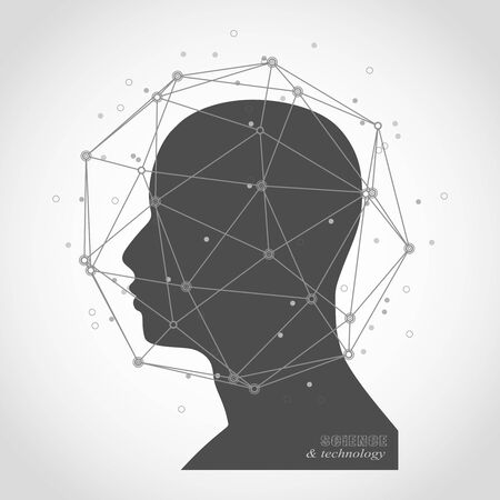 Profile of the head of a man. Mental health relative design template. Scientific medical designs. Textured by connected lines with dots.のイラスト素材