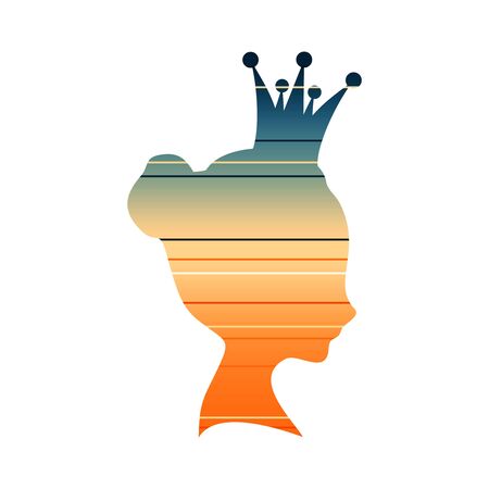 Profile view silhouette of a princess or queen. Cute adolescent girl portrait. Fashion branding emblem. Gradient paint horizontal linesのイラスト素材