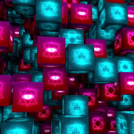 Mystical geometry shining symbols flying cubes. Linear alchemy, occult, philosophical signs....