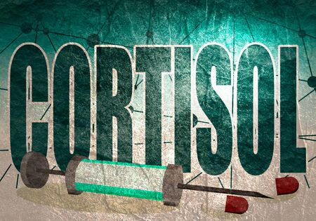 Hormone cortisol word with syringe and pills. Connected lines with dots background. Medical research concept.の写真素材