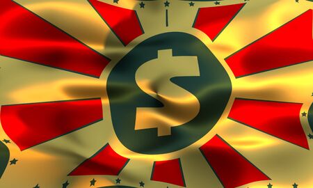 Waved banner with dollar symbol and radial rays. 3D rendering. Waved metallic surfaceの写真素材
