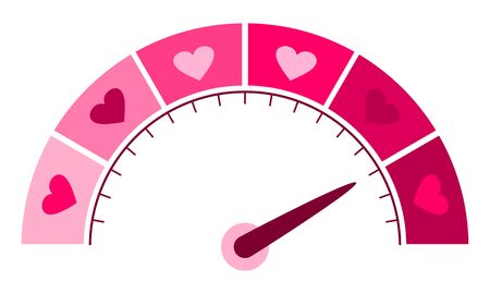 Color scale with arrow from pink to dark pink. The measuring device icon. Sign tachometer, speedometer, indicators. Illustration in flat style. Colorful infographic gauge element. Love meterのイラスト素材