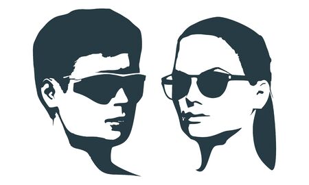 Man and woman silhouettes in black sunglasses. Happy valentines day and wedding design elements. Half turn view.のイラスト素材