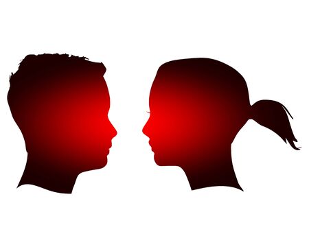 Man and woman silhouettes looking at each other. Happy valentines day and wedding design elements. Side view.のイラスト素材