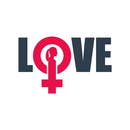 Female sign icon in love word. Silhouette of woman headのイラスト素材