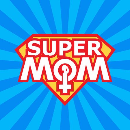 Super mom shield. Super hero style. Mother's day card and Happy birth day for mother. Female sign icon. Silhouette of woman headのイラスト素材