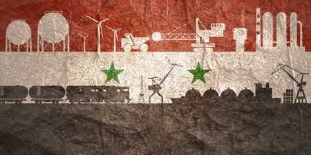 Energy and power icons set on Syria flag backdrop. Header or footer banner. Sustainable energy generation, transportation and heavy industry.の写真素材