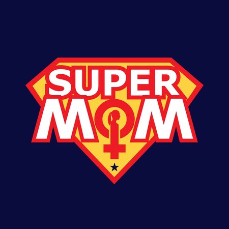 Super mom shield. Super hero style. Mother's day card and Happy birth day for mother. Female sign icon. Silhouette of woman headのイラスト素材