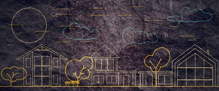 Row of different houses along the street. Home house in thin line design style. Street of large...