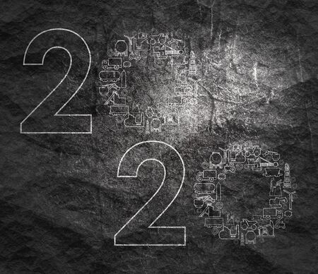 Circle frames with industry and transportation silhouettes. Industrial design background. 2020 year number.の写真素材