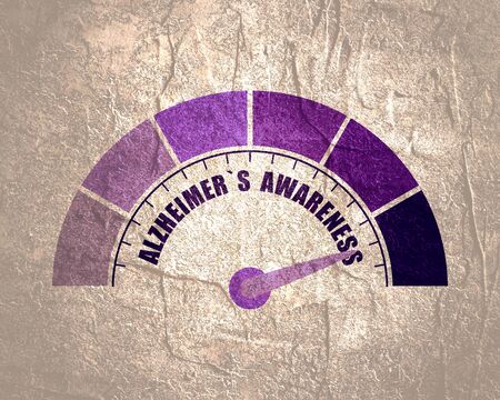 Alzheimers awareness meter read high level result. Color scale with arrow. The measuring device icon. illustration in flat style. Infographic gauge elementの写真素材