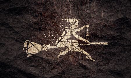 Illustration of flying young witch icon composed of particles. Witch silhouette on a broomstick. Lamp in hand. Halloween relative image.の写真素材