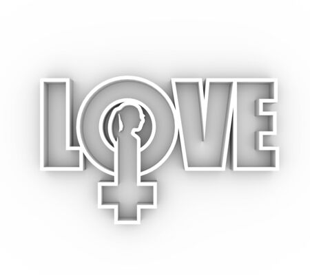 Female sign icon in love word. Silhouette of woman head. 3D renderingの写真素材