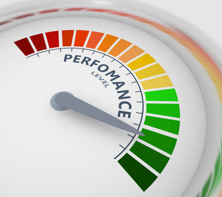 Color scale with arrow from red to green. The perfomance level measuring device icon. Sign tachometer, speedometer, indicators. Colorful infographic gauge element. 3D renderingの写真素材