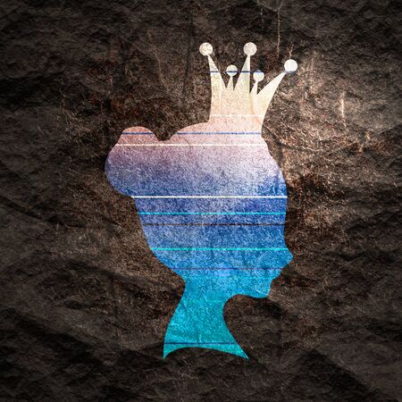 Profile view silhouette of a princess or queen. Cute adolescent girl portrait. Fashion branding emblem. Gradient paint horizontal linesの写真素材