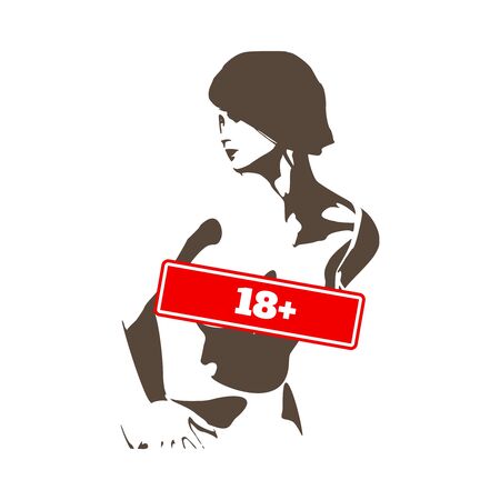 Sensitive photo content. Explicit video content. Inappropriate content. Internet safety concept. Censored only adult 18 plus. Stamp with NSFW text. Naked woman front view. Not safe for workのイラスト素材
