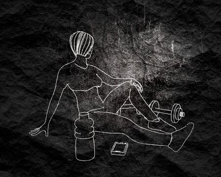 Outline young woman silhouette. Fitness concept. Stone surface textureの写真素材