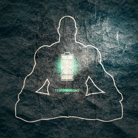 Hormone testosterone level measuring scale. Health care concept illustration. Muscular man sit in meditation pose silhouette.の写真素材