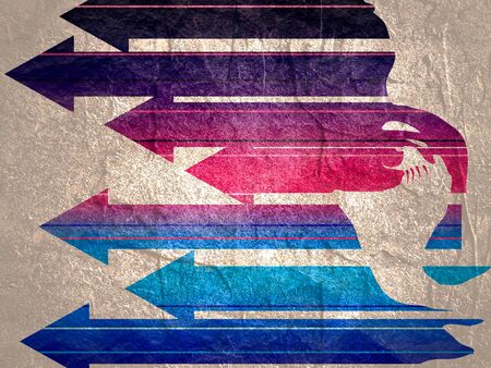 Face front view. Elegant silhouette of a female head. Portrait of a happy smiled woman. Gradient paint horizontal arrowsの写真素材