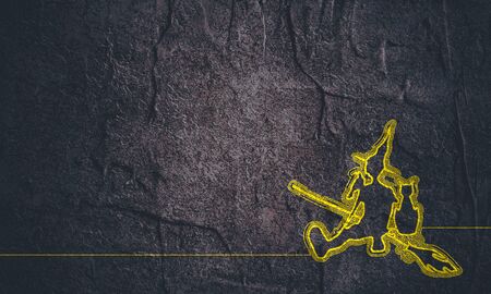 Illustration of sitting young witch. Witch outline silhouette with a broomstick, cat and raven. Halloween relative imageの写真素材