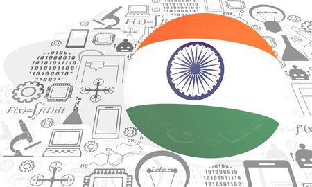 Innovation and technology concept. Template for presentation. Circle frame with thin line icons. Flag of the India. 3D rendering.の写真素材