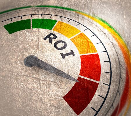 Color scale with arrow from green to red. The measuring device icon. Sign tachometer, speedometer, indicators. Colorful infographic gauge element. ROI means return on investment.の写真素材