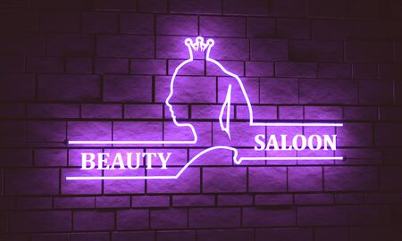 Vintage queen silhouette. Medieval queen profile. Elegant outline silhouette of a female head. Hair saloon emblem design. Royal emblem with Q letter. 3D rendering. Neon bulb street sign illuminationの写真素材