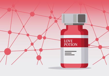 A regular chemistry glass bottle filled with a red liquid called love potion. Lines with dots connected backgroundのイラスト素材