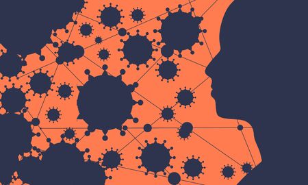 Silhouette of a man head and viruses. Health relative brochure, report or flyer design template. Scientific medical designs. Connected lines with dots. Virus outbreak conceptのイラスト素材
