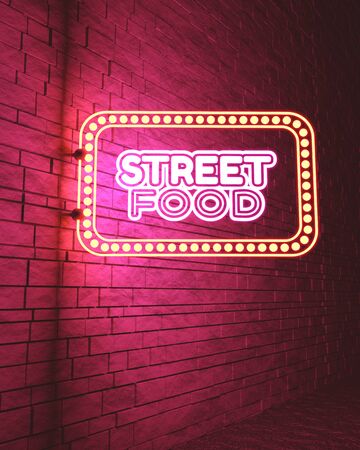 Abstract street food concept. 3D rendering. Neon bulb street sign illuminationの写真素材